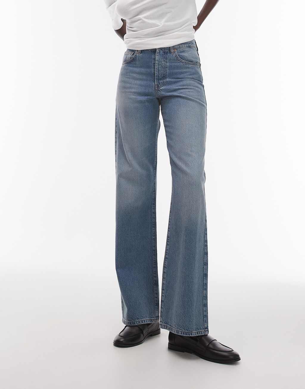 Topshop Tall mid rise loose fit straight jeans in mid blue Product Image