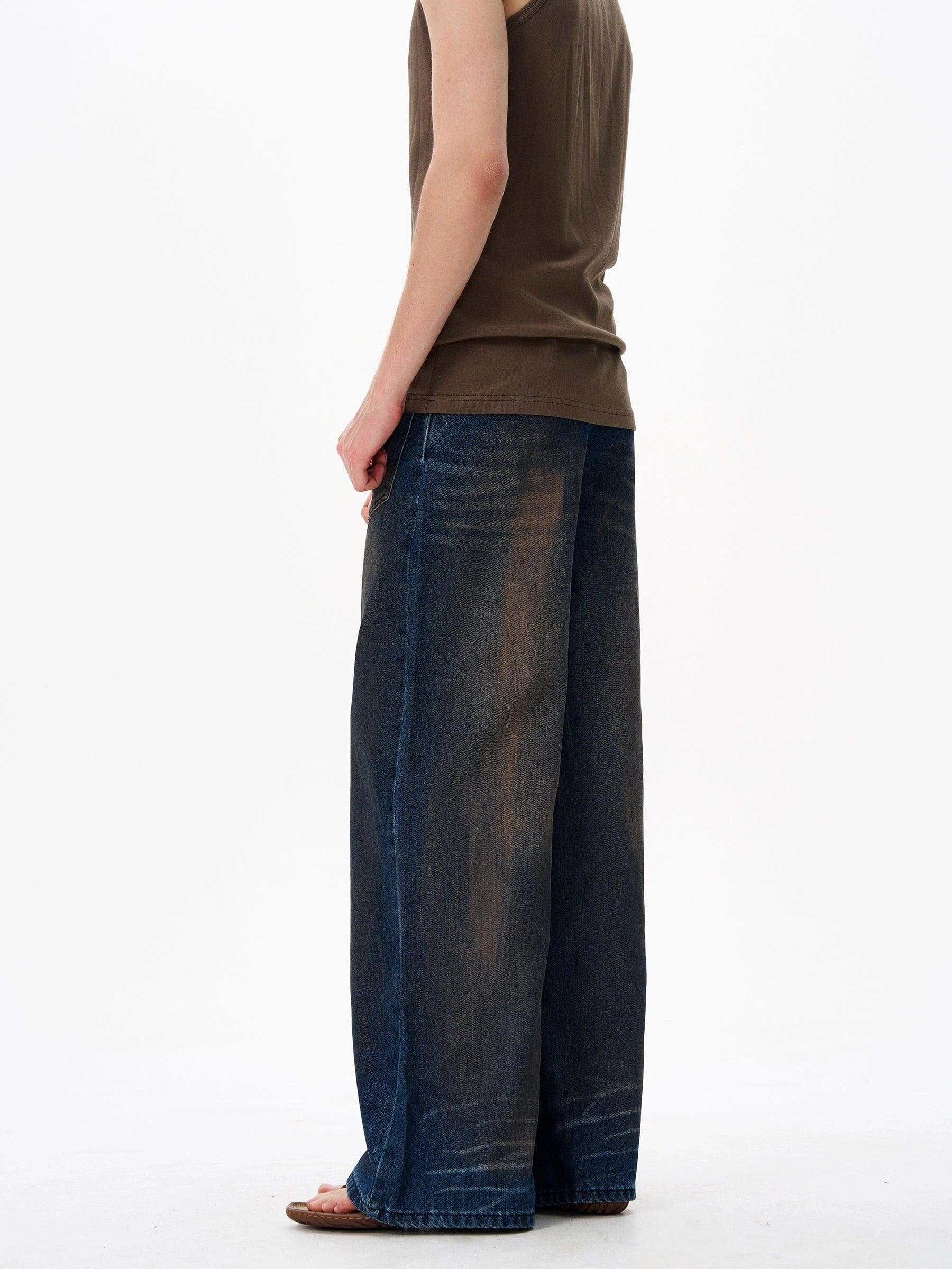 RT No. 18146 WASHED DARK BLUE DENIM STRAIGHT JEANS Product Image