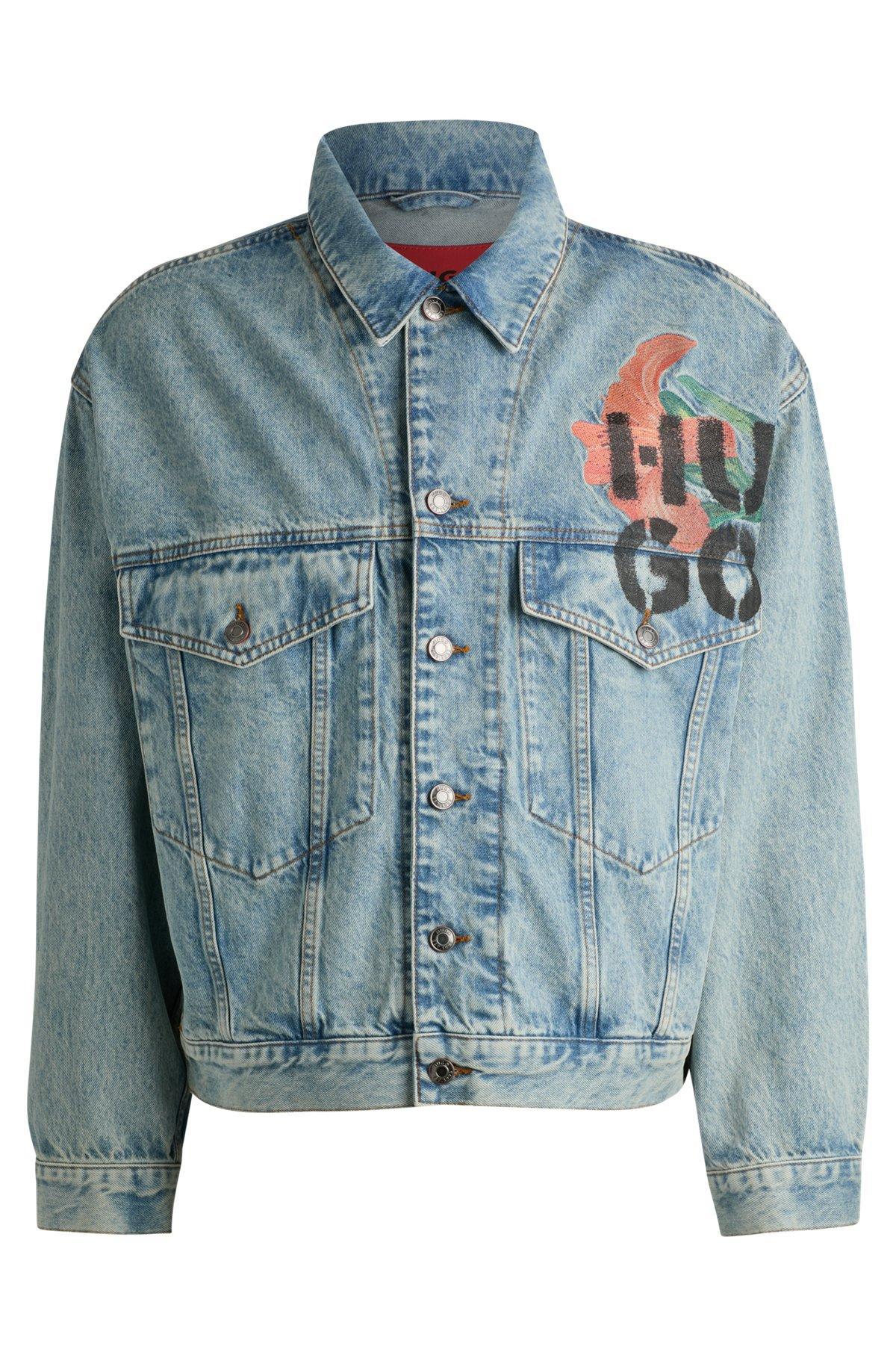 Regular-fit jacket in rigid denim with logo prints Product Image