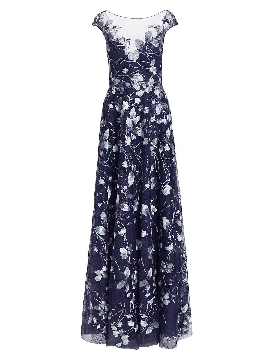 Cap-Sleeve Embroidered Tulle A-Line Gown Product Image
