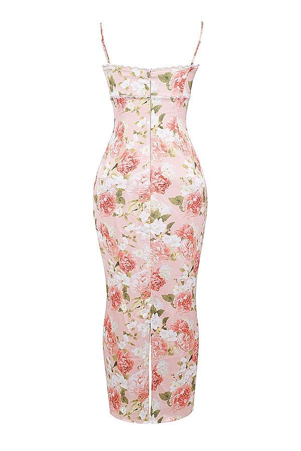 Josefina Pink Peony Print Satin Maxi Dress Product Image