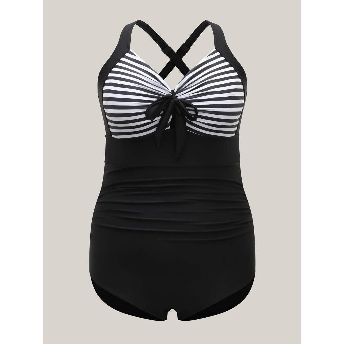 Plus Size Striped Adjustable Bust-Tie One-Piece Swimsuit Women's Swimwear Black Beach Tie knot Curve Bathing Suits High stretch One Pieces BloomChic 26/4X Product Image