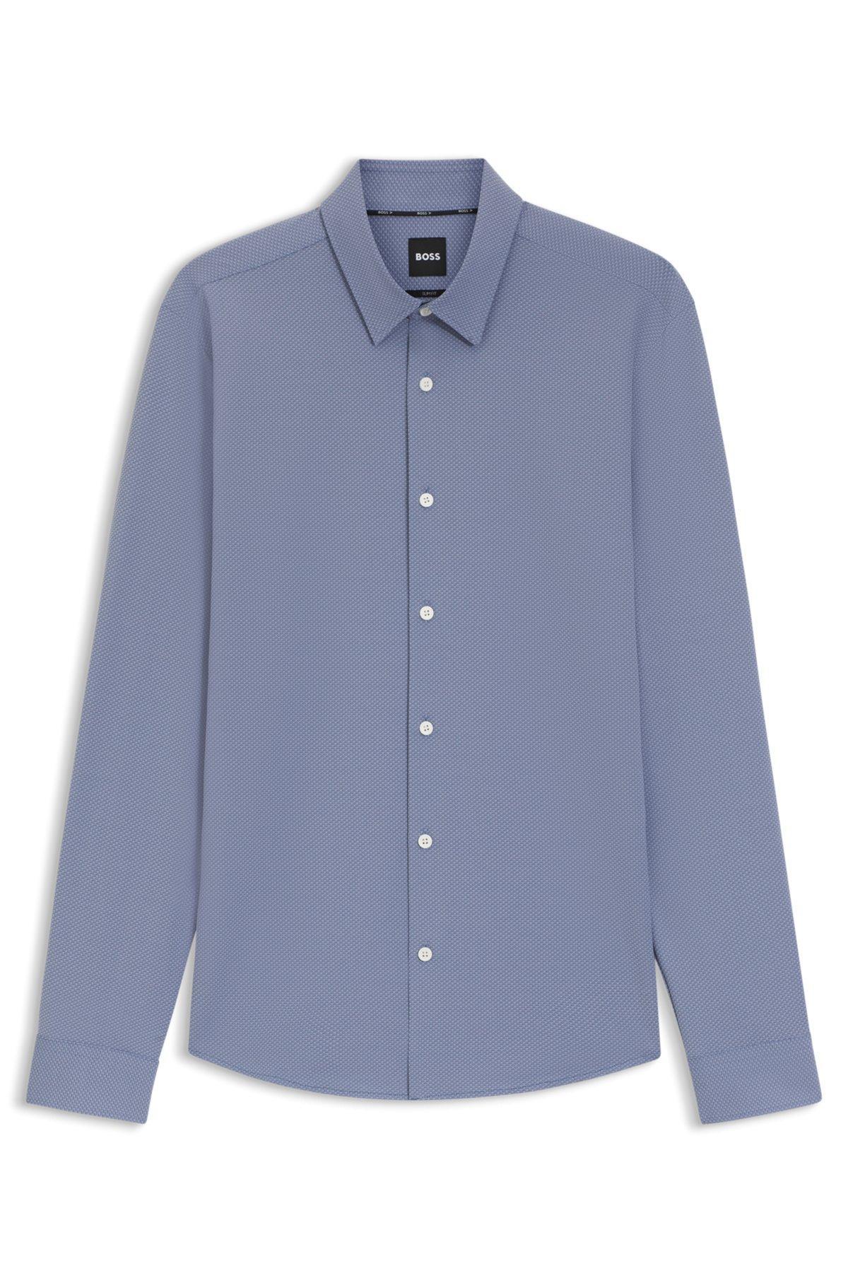 BOSS - Slim-fit shirt in performance-stretch Italian jacquard - Dark Blue Product Image