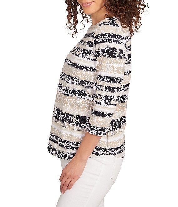 Ruby Rd. Soft Jersey Knit Mixed Floral Watercolor Stripe Boat Neck 3/4 Sleeve Top Product Image
