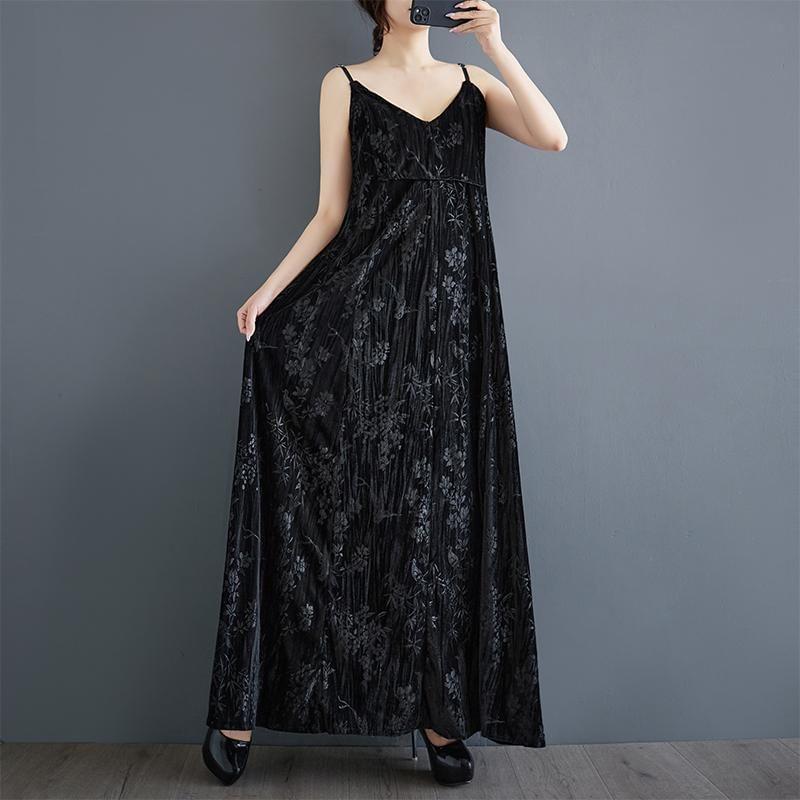 Spaghetti Strap V-Neck Floral Patterned Velvet Maxi A-Line Dress Product Image