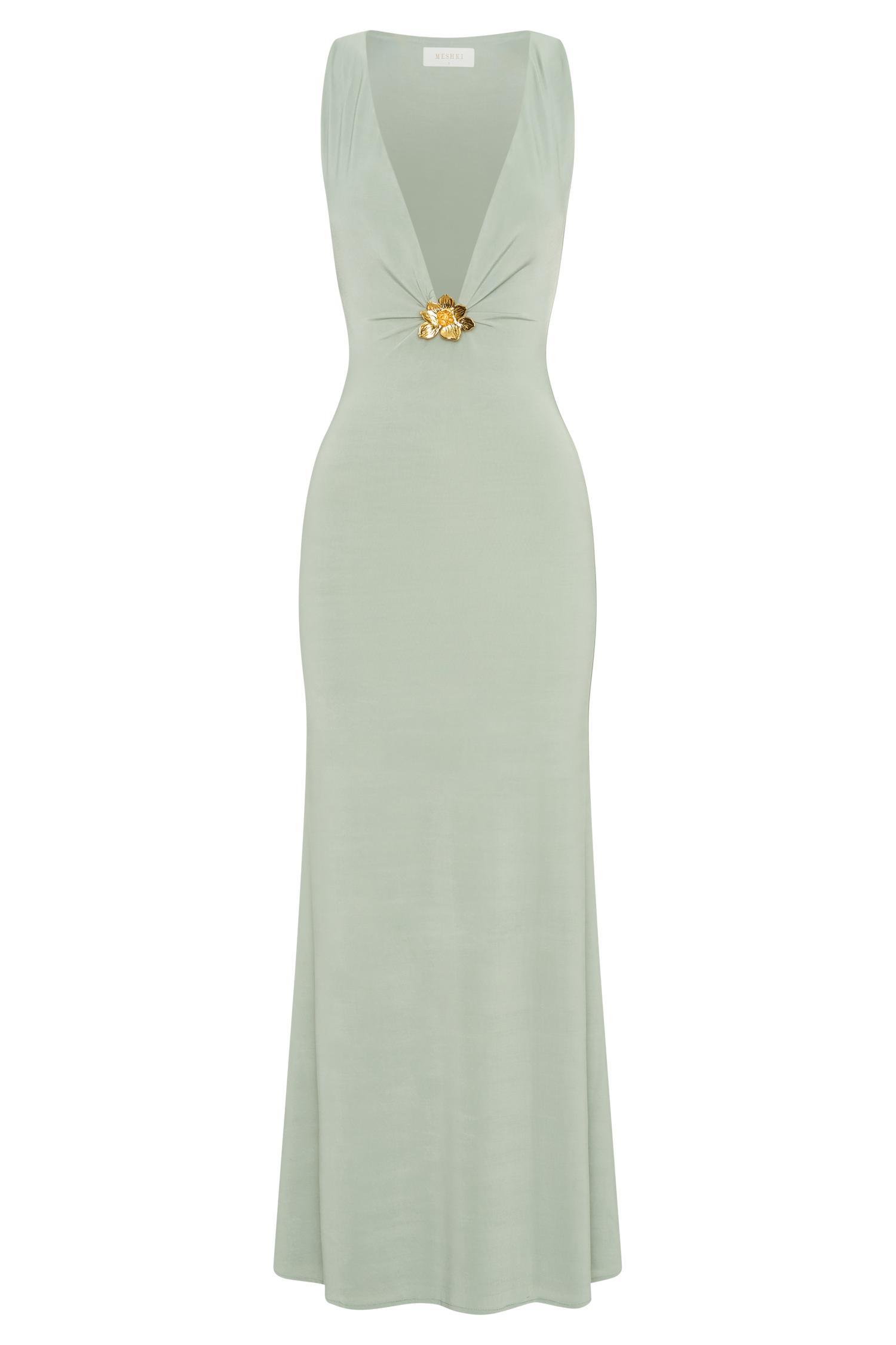Beck Plunge Maxi Dress With Floral Hardware - Basil Product Image