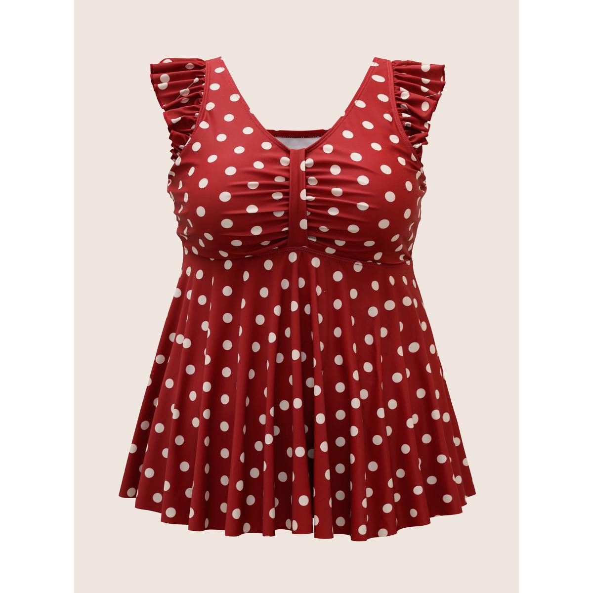 Plus Size Polka Dot Ruched Ruffle Trim Swim Top Women's Swimwear Russet Beach Gathered High stretch Bodycon V-neck Curve Swim Tops BloomChic 30/6X Product Image