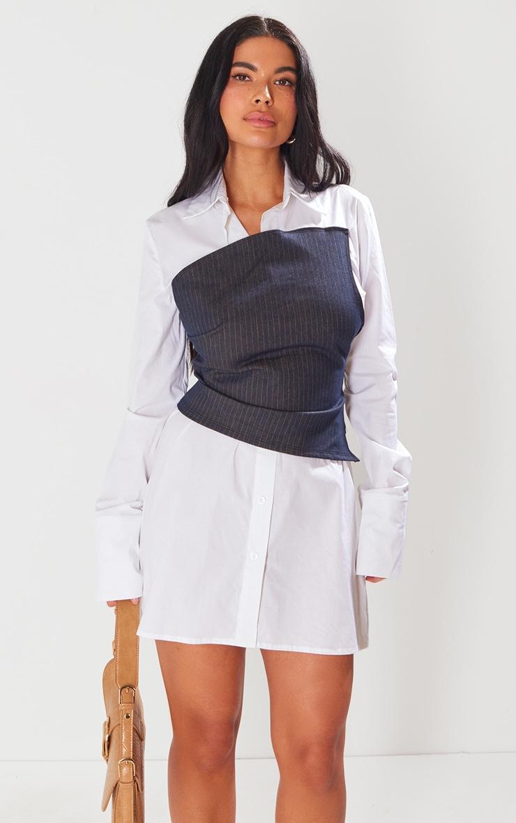White Woven Pinstripe Corset Oversized Shirt Dress Product Image