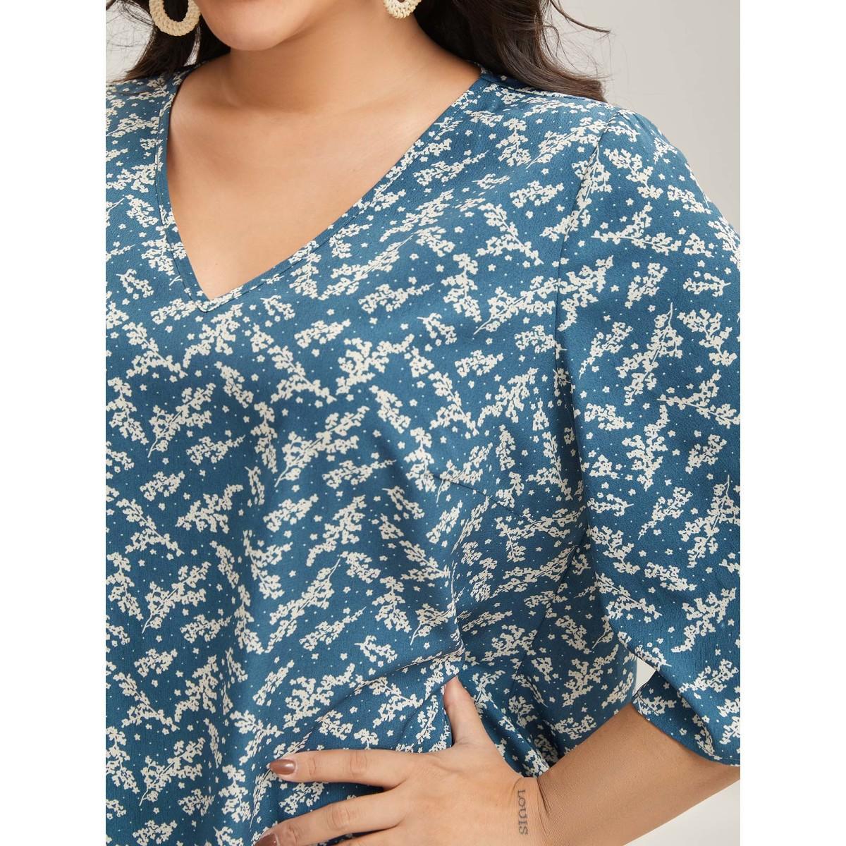 Plus Size Aegean Floral Print Curvy Hem V-Neck Shirt Women Resort Elbow-length sleeve V-neck Vacation Blouses BloomChic 26/4X Product Image