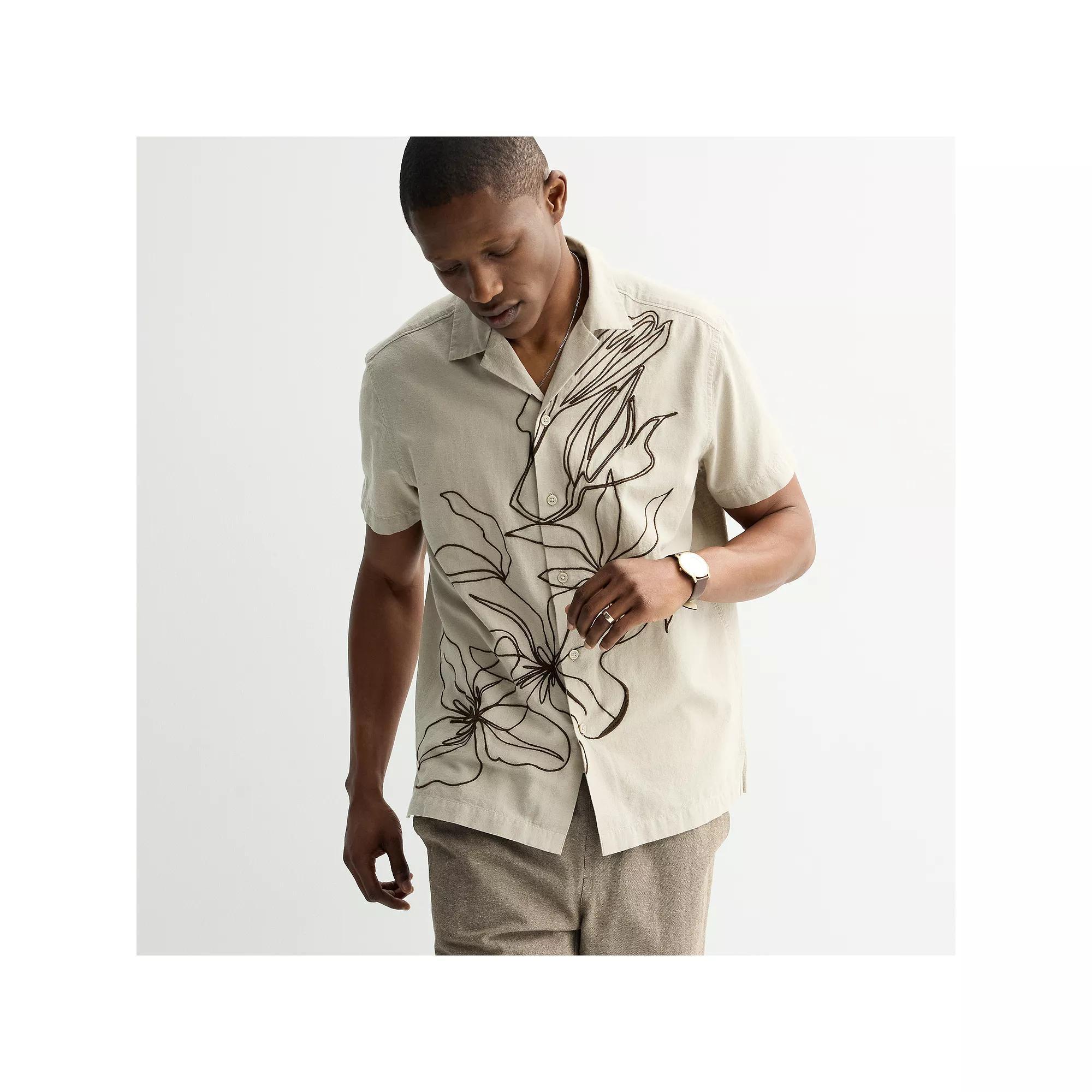 Men's Apt. 9® Short Sleeve Embroidered Camp Collar Shirt, Size: Small, Beige Floral Product Image