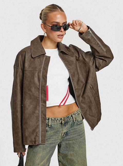 Faux Leather Collared Dad Jacket Washed Brown Product Image