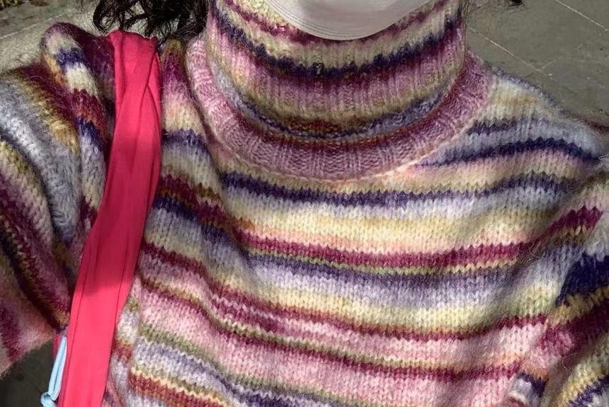 Long Sleeve Mock Neck Striped Loose-Fit Sweater Product Image