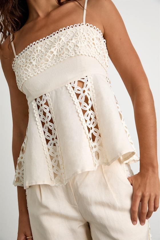 Vannah Ivory Linen Crochet Lace Tank Top Product Image