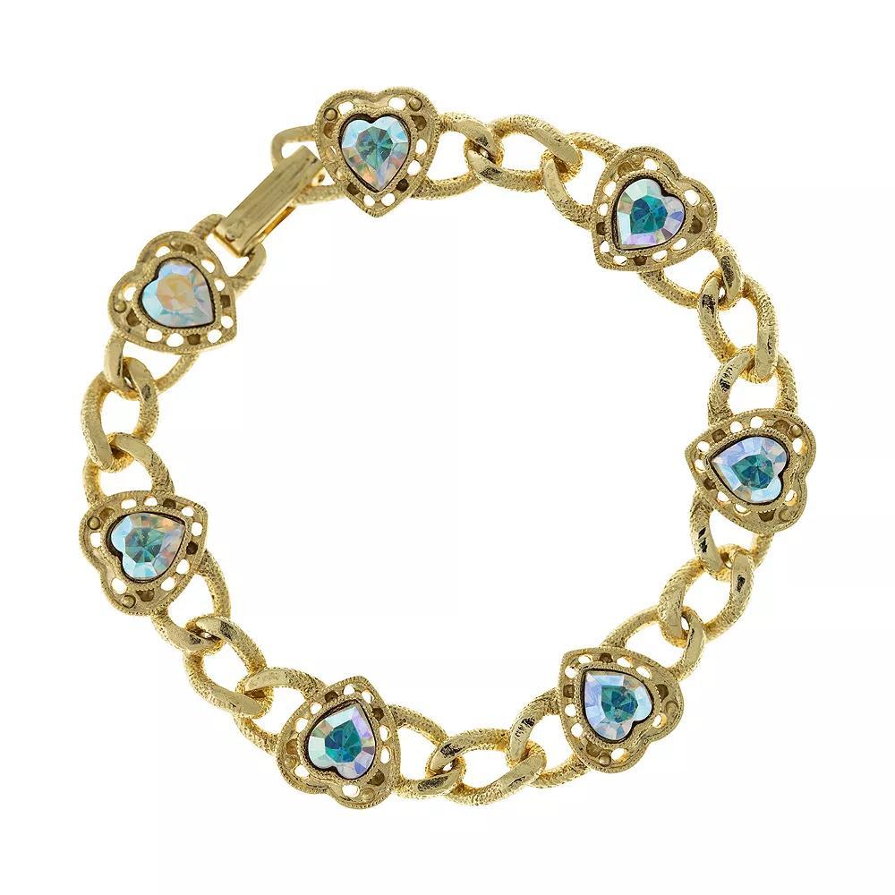 1928 Gold Tone Simulated Crystal Heart Chain Bracelet, Womens, Blue Product Image