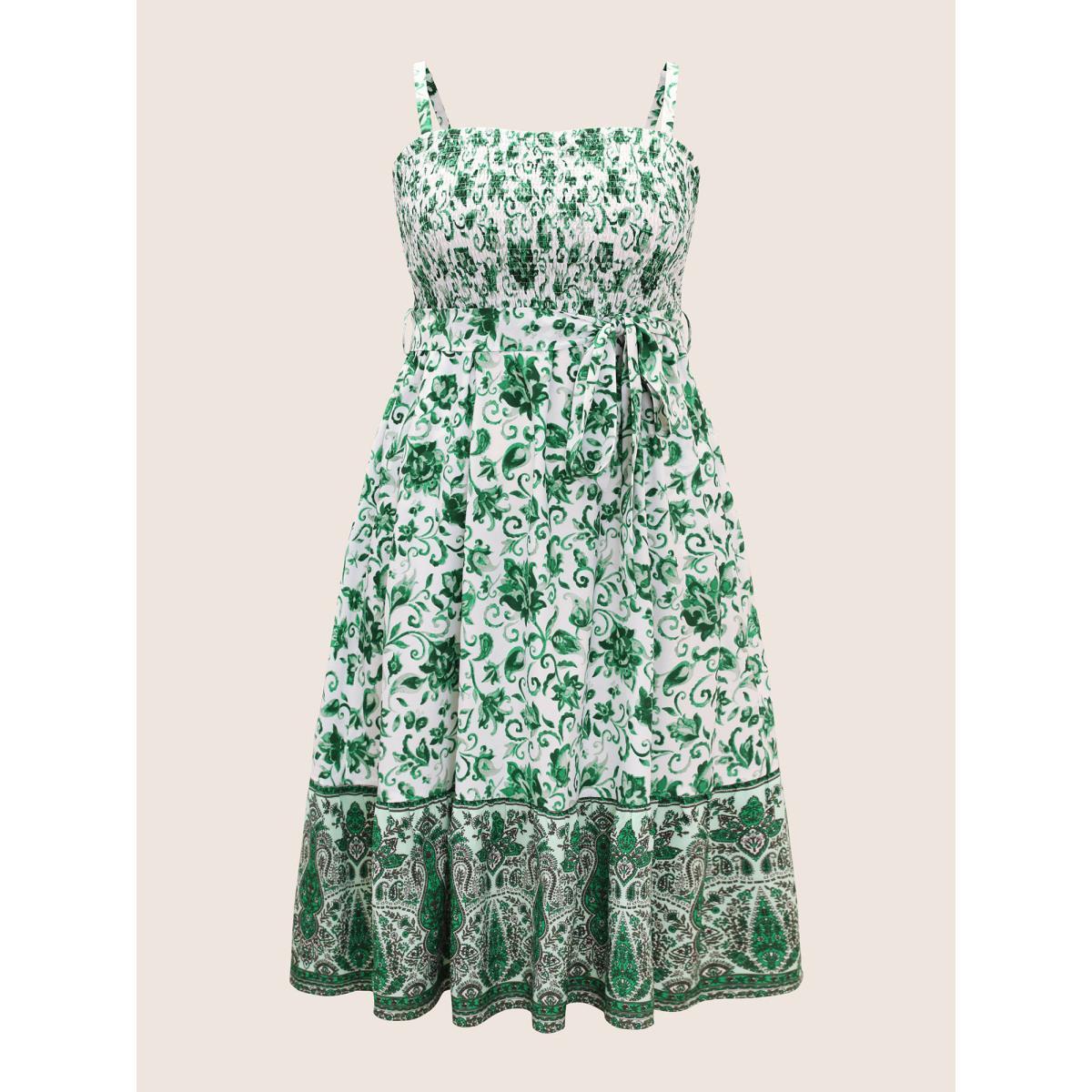 Plus Size Bandana Print Shirred Patchwork Pocket Cami Dress Green Women Resort Belted Non Sleeveless Curvy Midi Dress BloomChic 14-16/1X Product Image