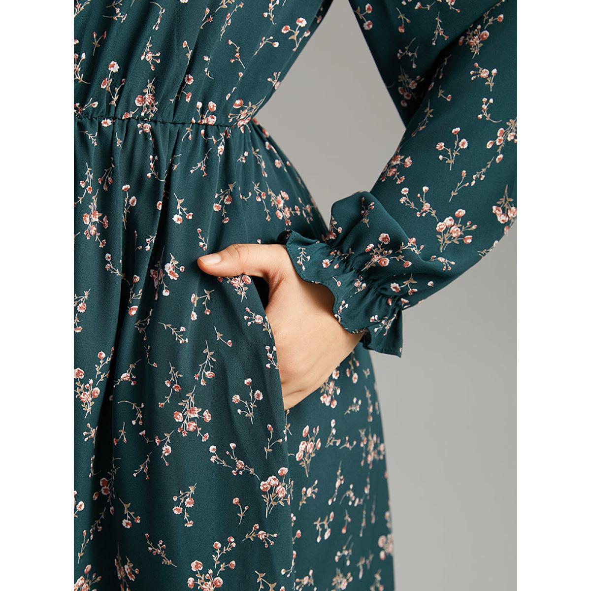 Plus Size Ditsy Floral Pocket Mock Neck Dress DarkGreen Women Elegant Cross straps Mock Neck Long Sleeve Curvy Midi Dress BloomChic 12/L Product Image