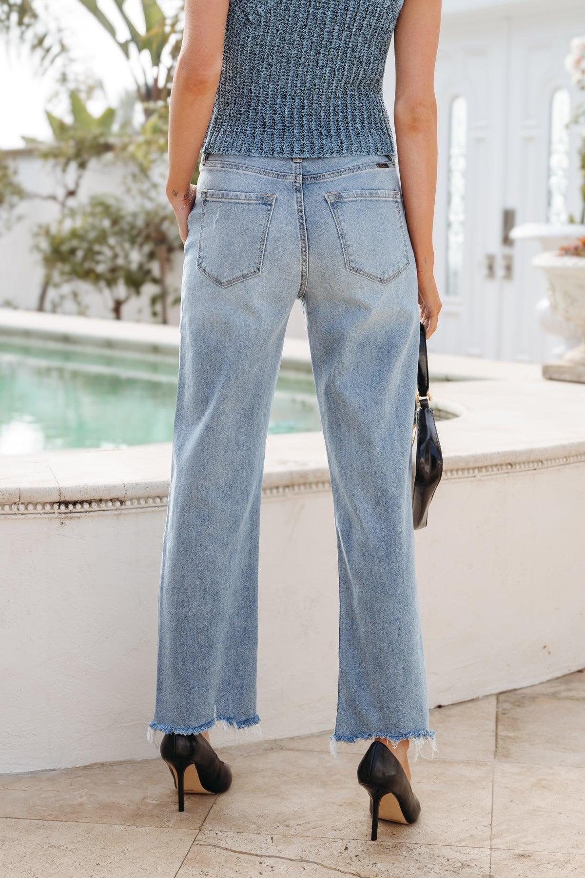 Light Wash Frayed Hem Wide Leg Jeans - FINAL SALE Product Image