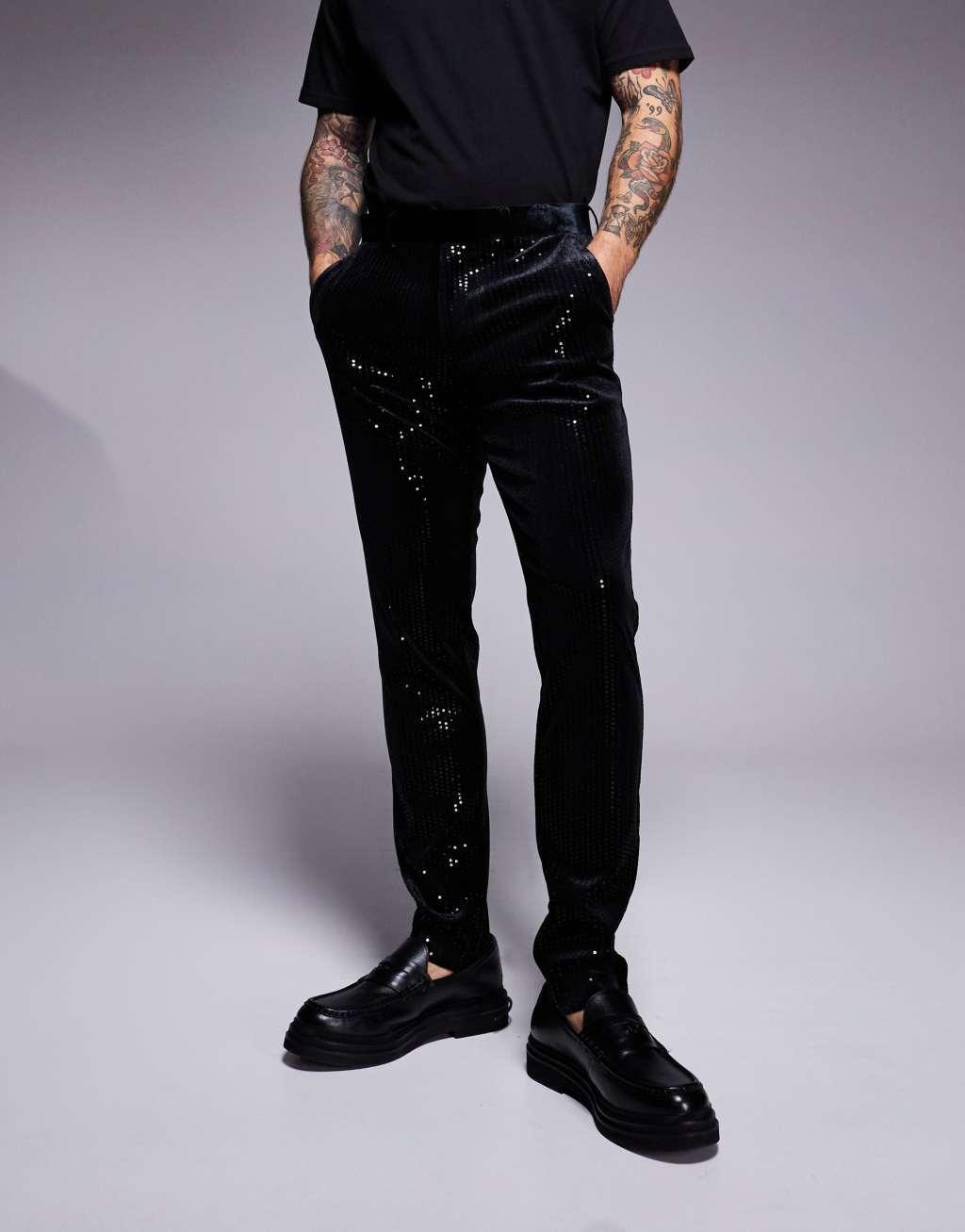 ASOS DESIGN new skinny suit pants in velvet sequin in black Product Image