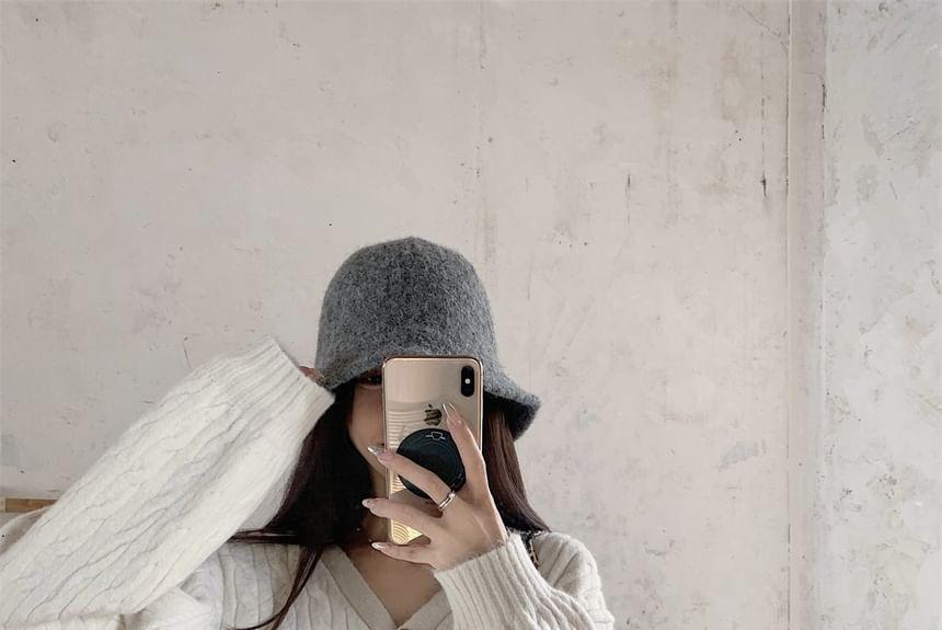 V-Neck Plain Cable Knit Cardigan Product Image