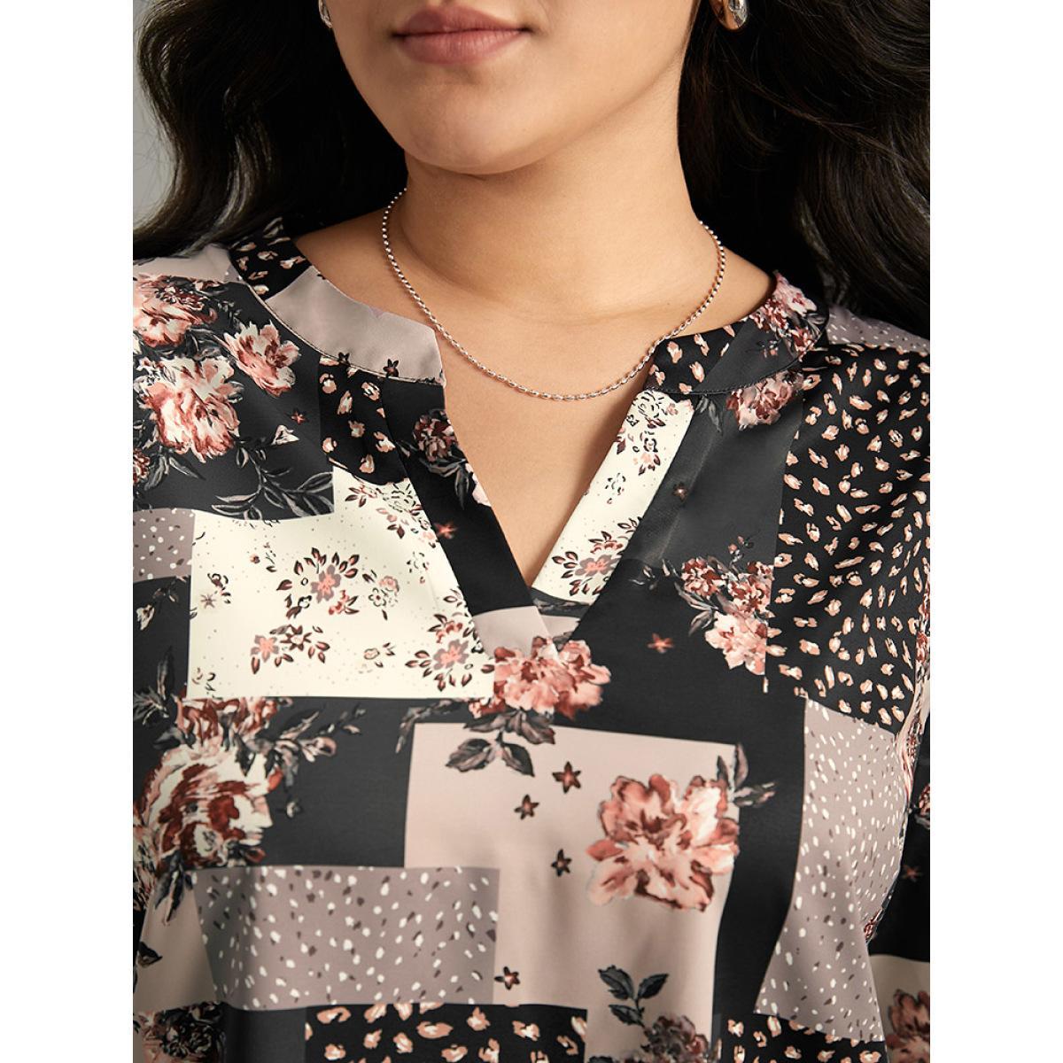 Plus Size BlackFlower Floral Colorblock Contrast Tab Sleeve Blouse Women Elegant Elbow-length sleeve V-neck Dailywear Blouses BloomChic 26/4X Product Image