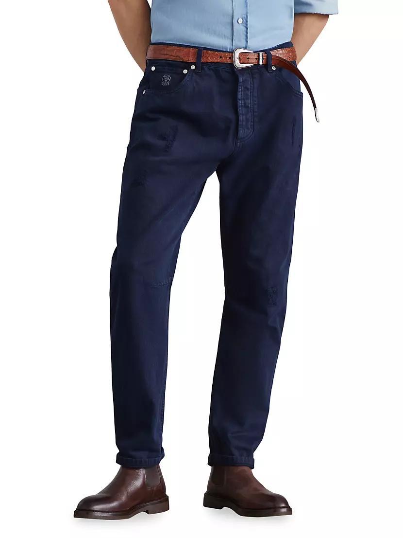 Mens Denim Leisure Fit Five Pocket Jeans with Rips Product Image