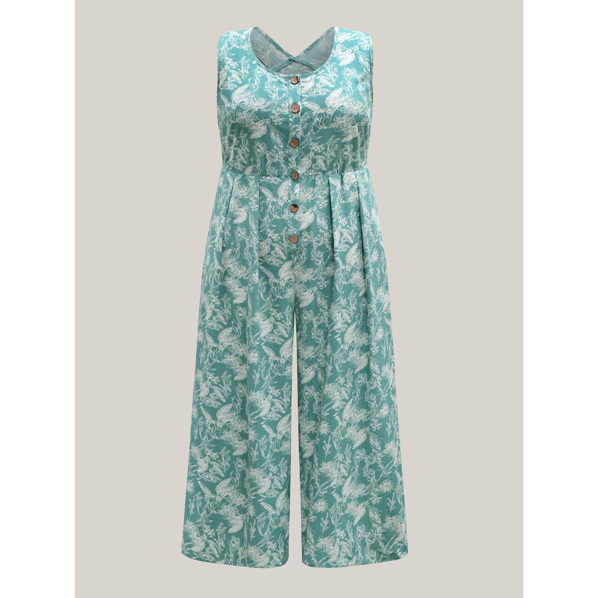 Plus Size Turquoise Plant Print Button Detail Stretchy Jumpsuit Women Sleeveless V-neck Vacation Loose Jumpsuits BloomChic 28/5X Product Image