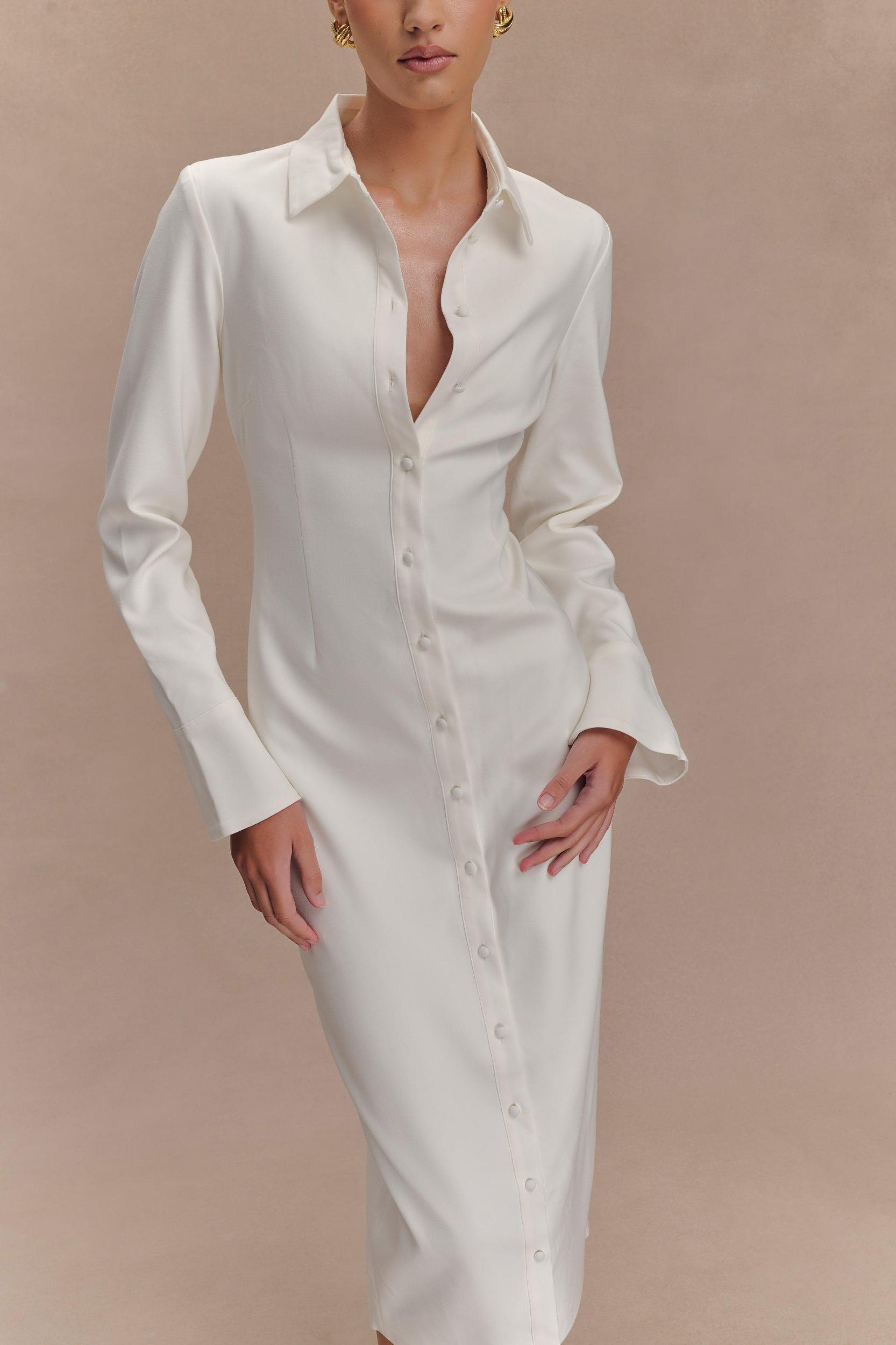 Dorian Fitted Shirt Midi Dress - White Product Image