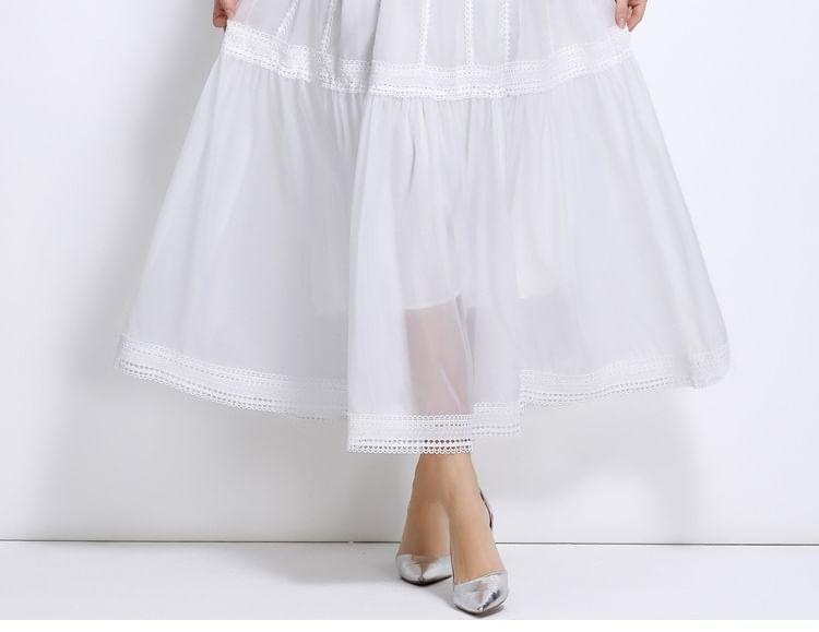 Cinched Sleeve Stand Collar Plain Panel Mesh Maxi A-Line Dress Product Image