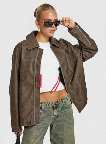 Faux Leather Collared Dad Jacket Washed Brown Product Image