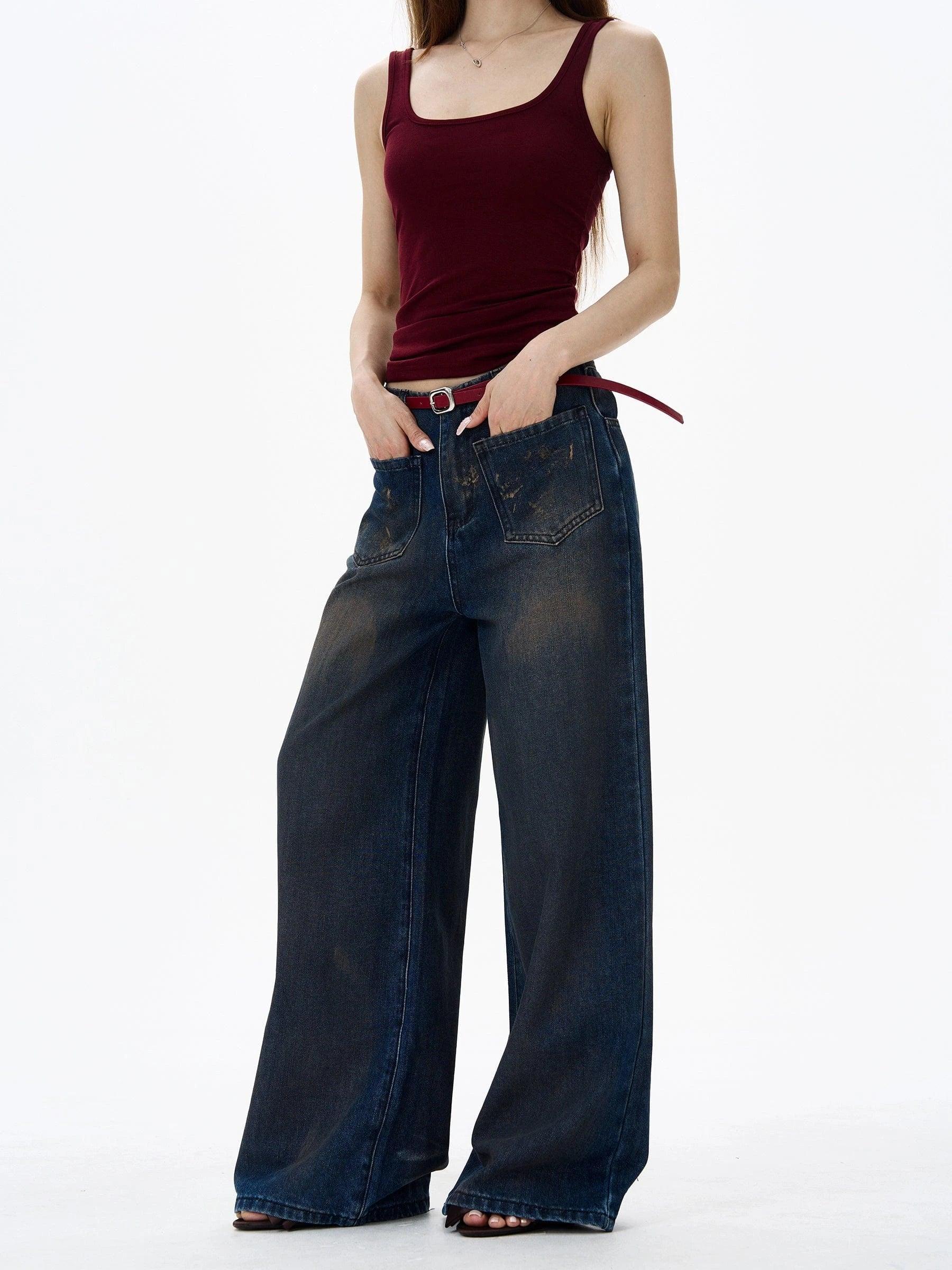 RT No. 18146 WASHED DARK BLUE DENIM STRAIGHT JEANS Product Image