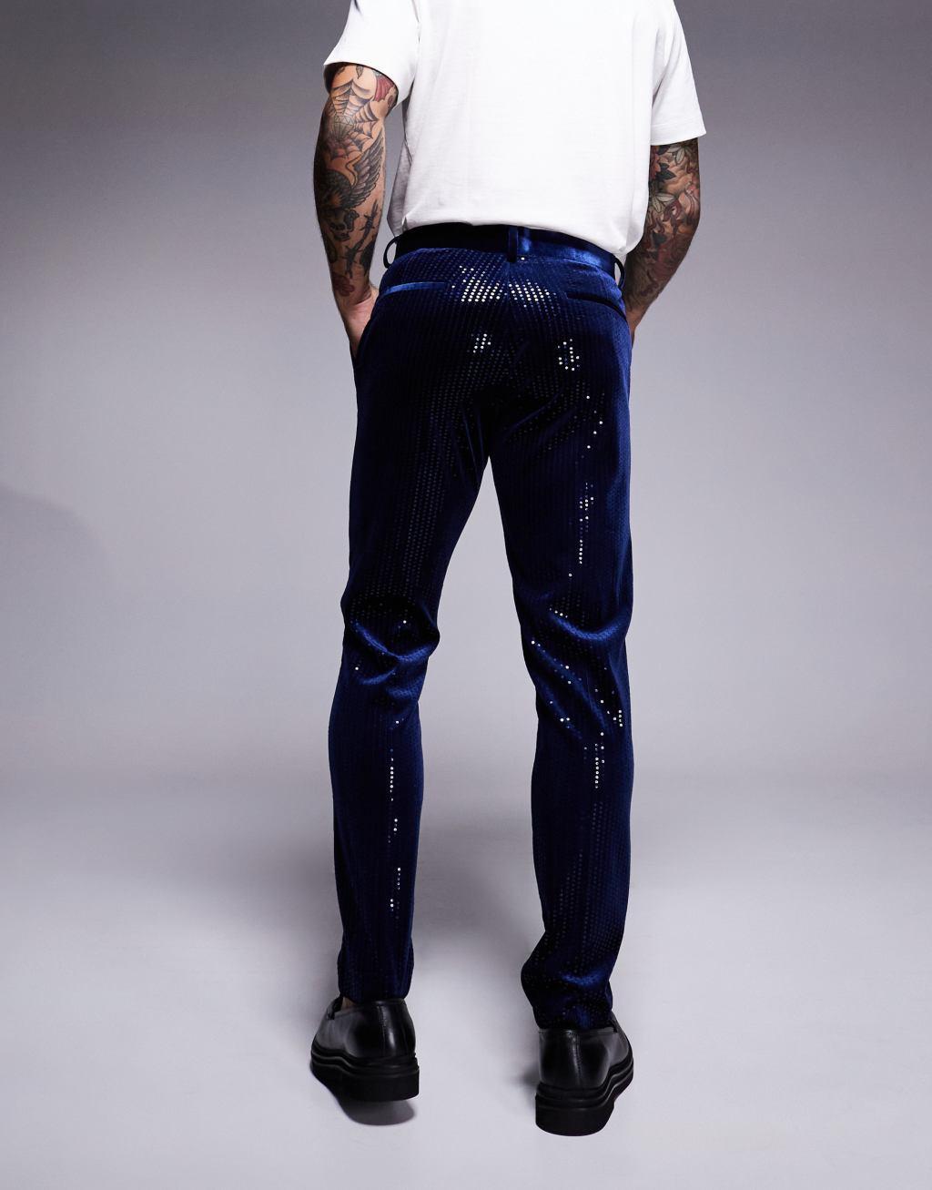  ASOS DESIGN skinny suit pants in velvet sequin in navy Product Image