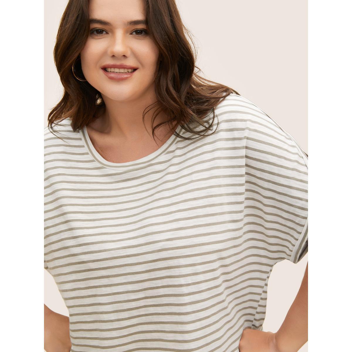 Plus Size Cotton Striped Print Round Neck Petal Sleeve T-shirt Tan Women Casual Contrast Round Neck Everyday T-shirts BloomChic 22-24/3X Product Image