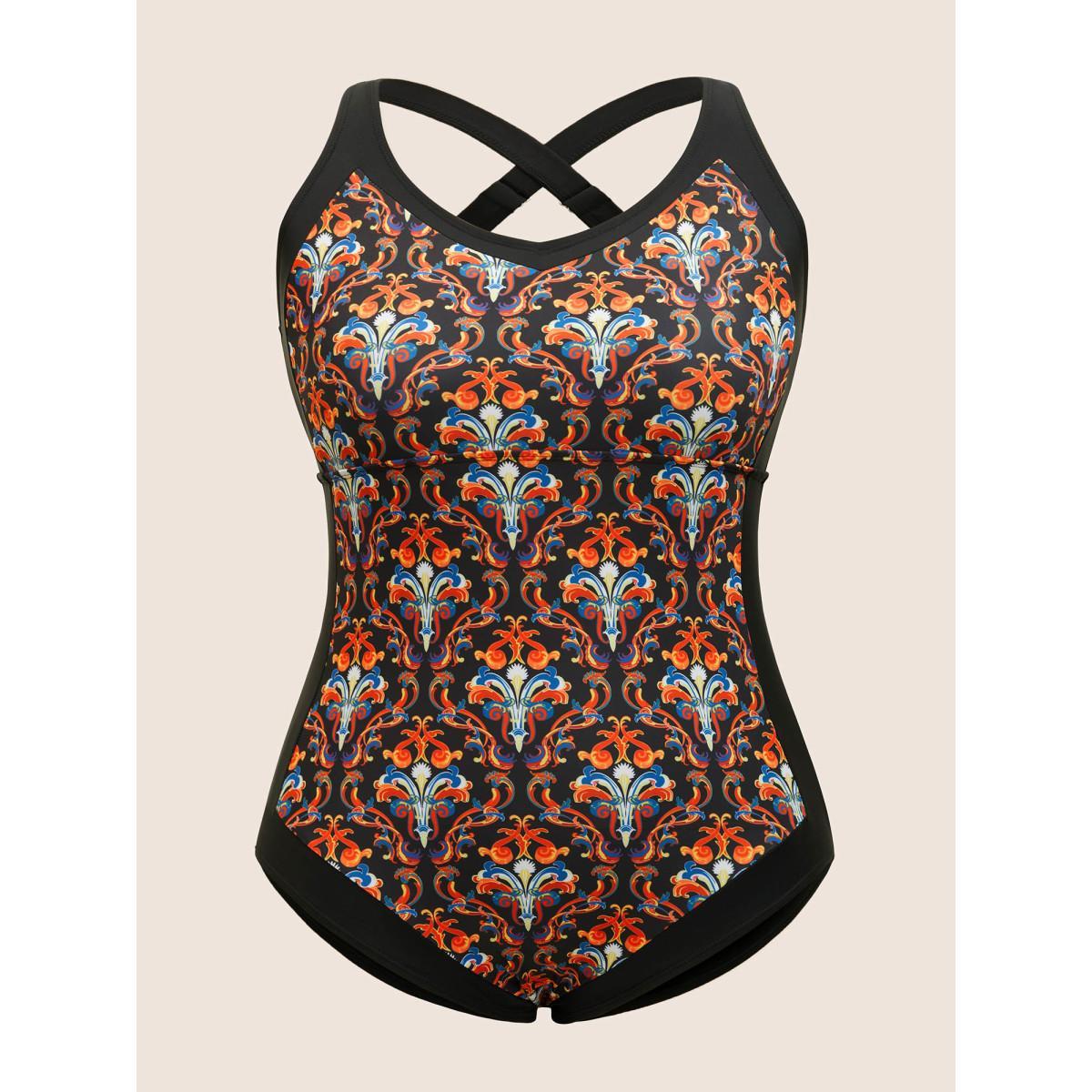 Plus Size Patchwork Boho Print Adjustable Straps One Piece Swimsuit Women's Swimwear Black Beach Non Curve Bathing Suits High stretch One Pieces BloomChic 28/5X Product Image