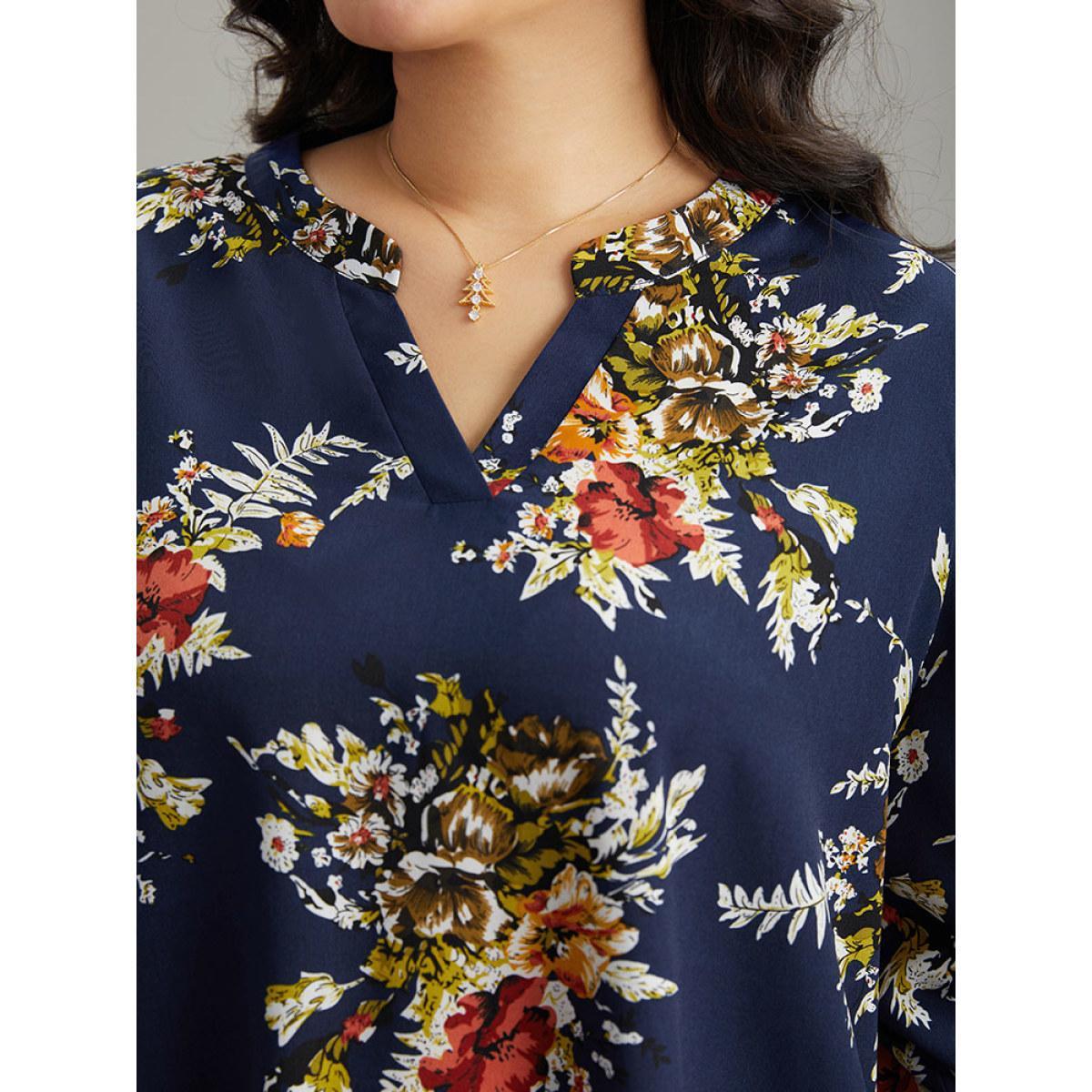 Plus Size Indigo Floral Print Notched Elastic Cuffs Blouse Women Elegant Elbow-length sleeve V-neck Dailywear Blouses BloomChic 28/5X Product Image