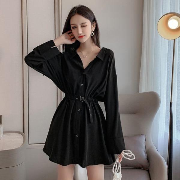 Long-Sleeve V-Neck Plain Mini A-Line Shirt Dress Product Image