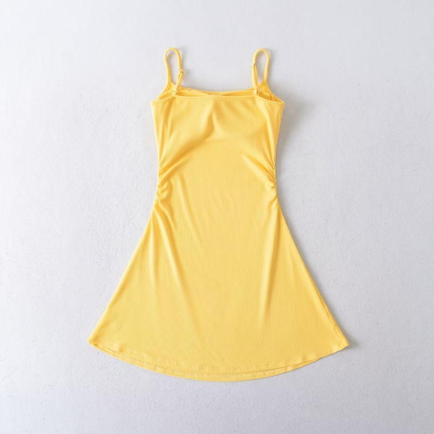 Spaghetti Strap Scoop Neck Plain Ruched Mini A-Line Dress Product Image