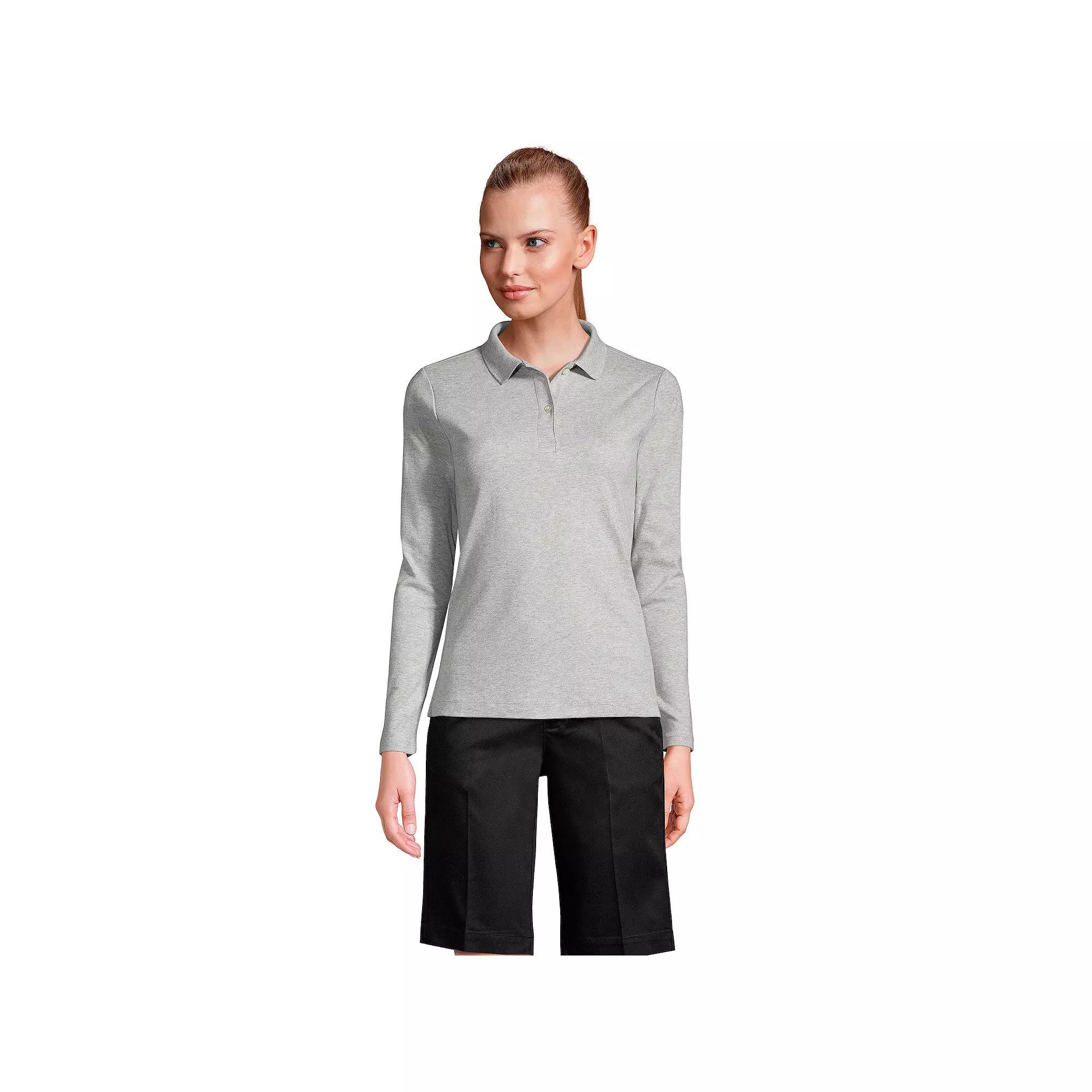 Women's Lands' End School Uniform Long Sleeve 2-Button Interlock Polo Shirt, Size: XS, White Product Image
