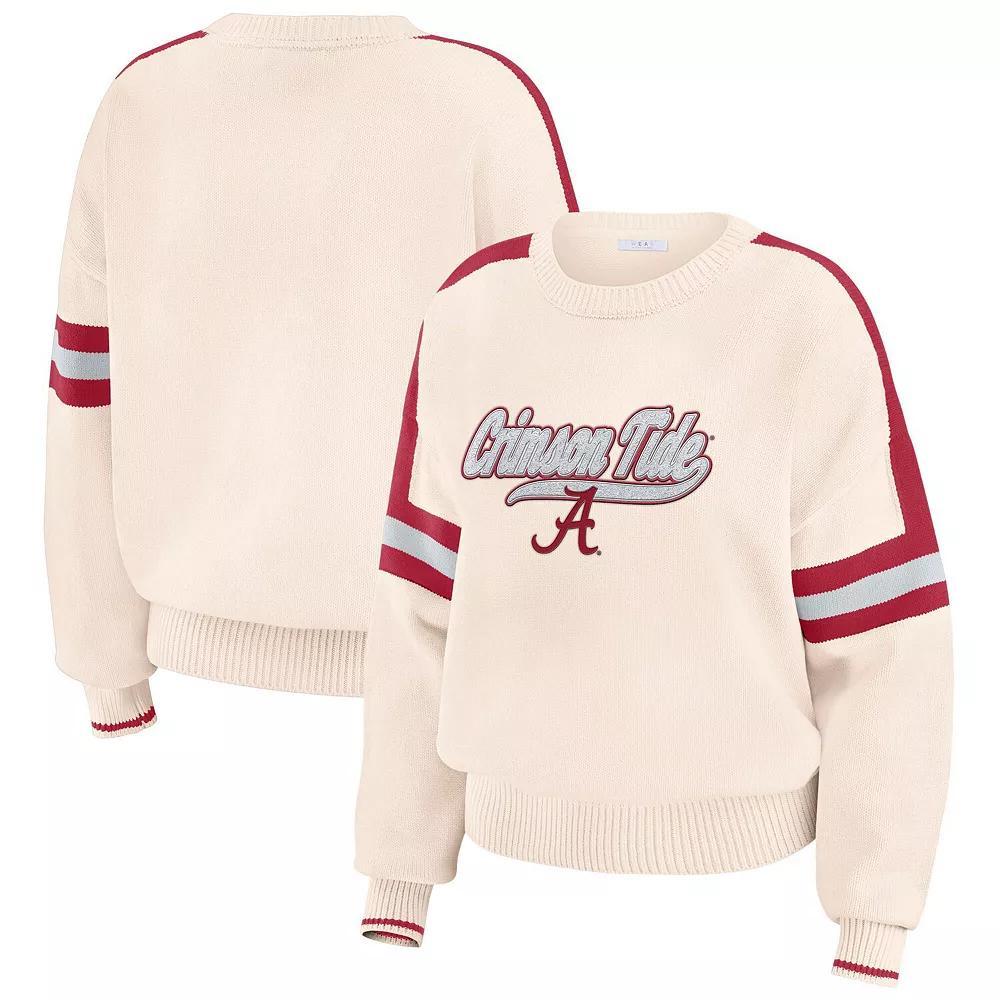 Women's WEAR by Erin Andrews  Cream Alabama Crimson Tide Chenille Woven Patch Stripe Pullover Sweater, Size: XL, Beige Product Image