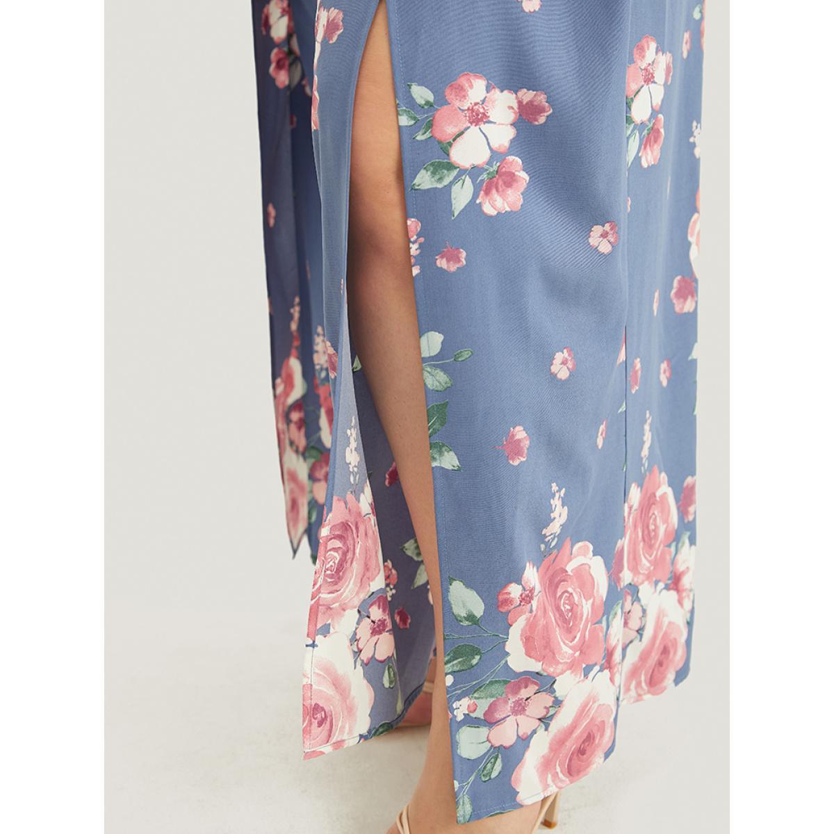 Plus Size Floral Print Pocket Split Wide Leg Pants Women Blue Elegant Mid Rise Dailywear Pants BloomChic 28/5X Product Image