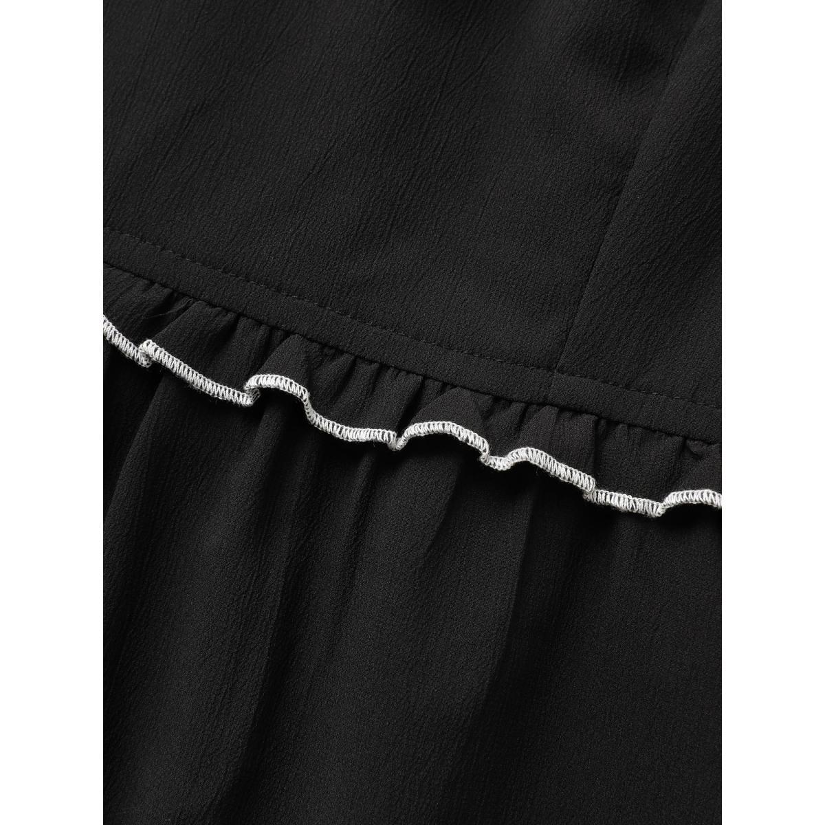 Plus Size Black Contrast Shirred Woven Ribbon Frill Trim Blouse Women Elegant Short sleeve Heart neckline Everyday Blouses BloomChic 10/M Product Image