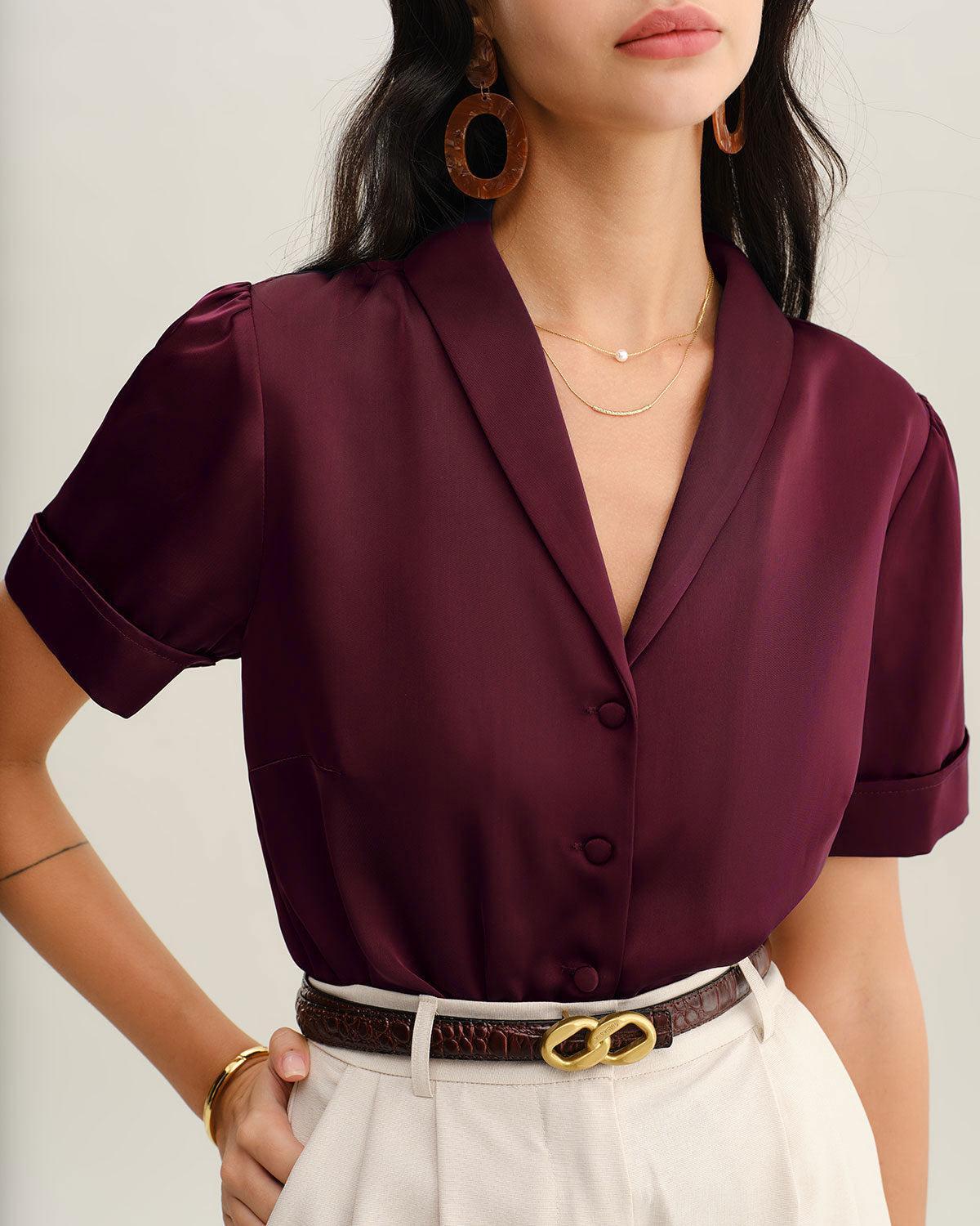 Navy Satin Button Blouse Product Image