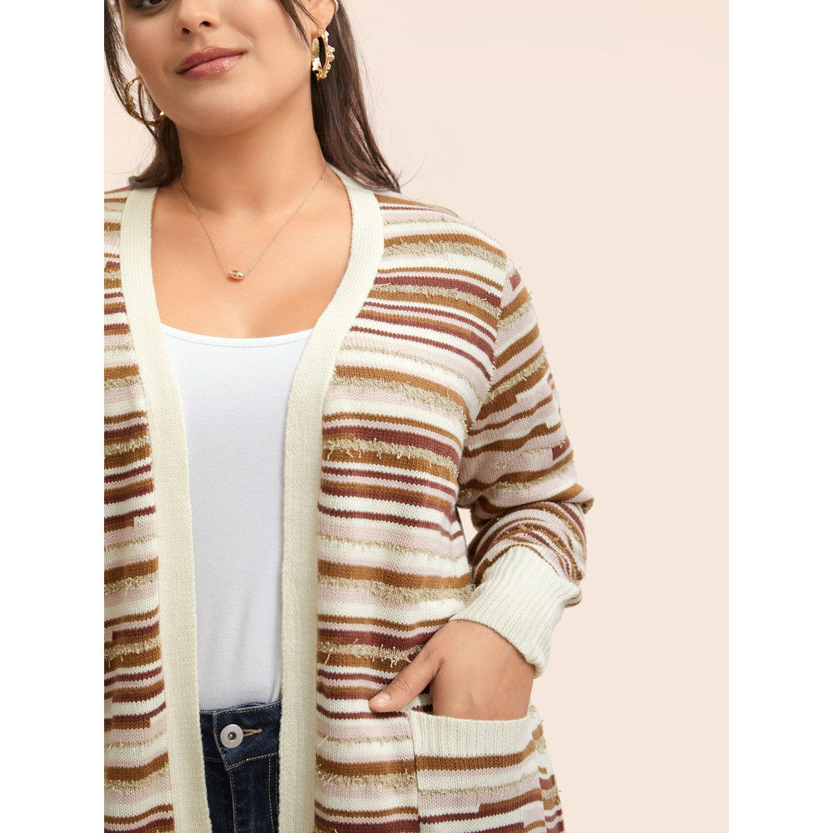 Plus Size Striped Kimono Collar Pocket Cardigan Beige Women Casual Loose Long Sleeve Everyday Cardigans BloomChic 30/6X Product Image
