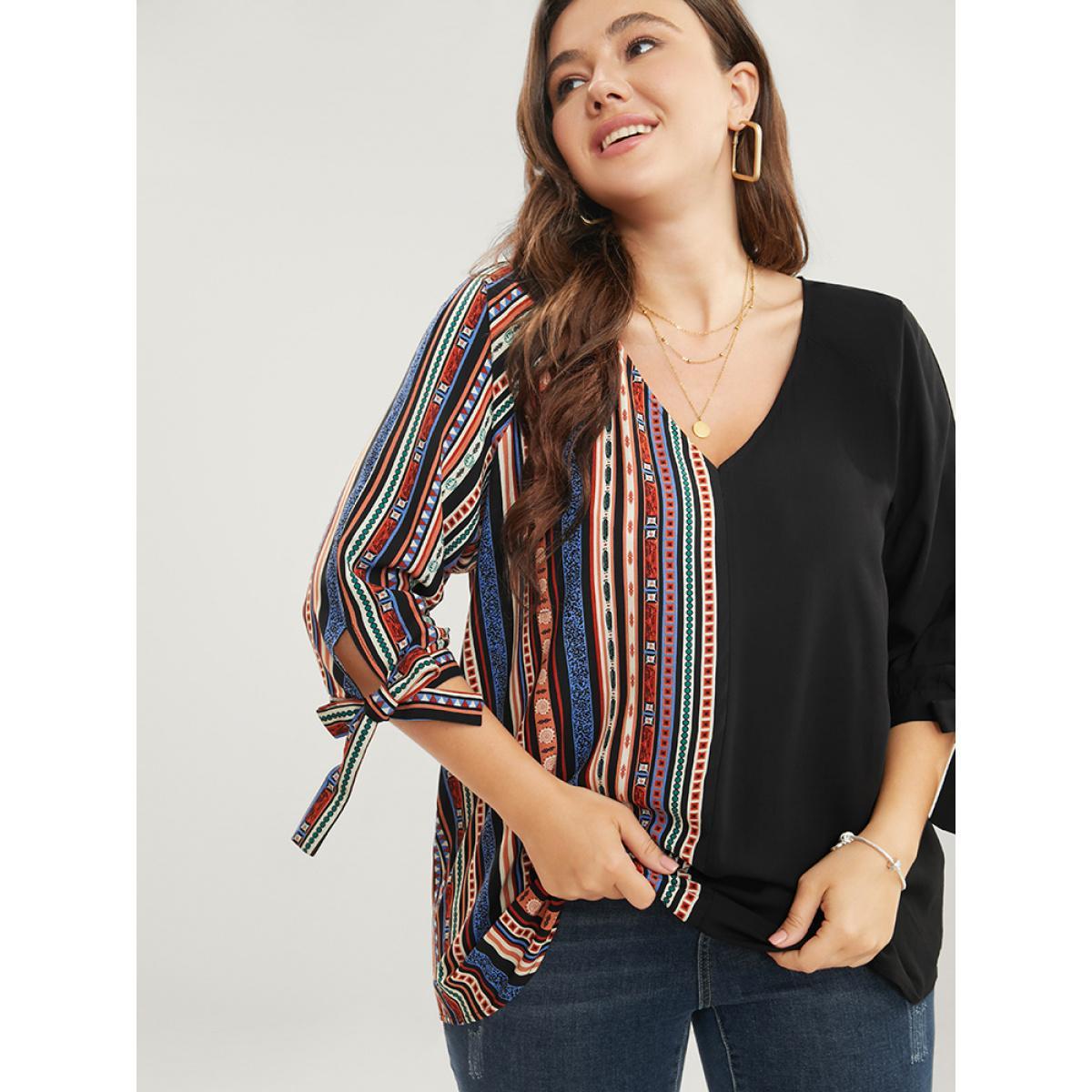 Plus Size Black Striped Geometric Patchwork Knotted Sleeve Blouse Women Vacation Elbow-length sleeve V-neck Dailywear Blouses BloomChic 10/M Product Image