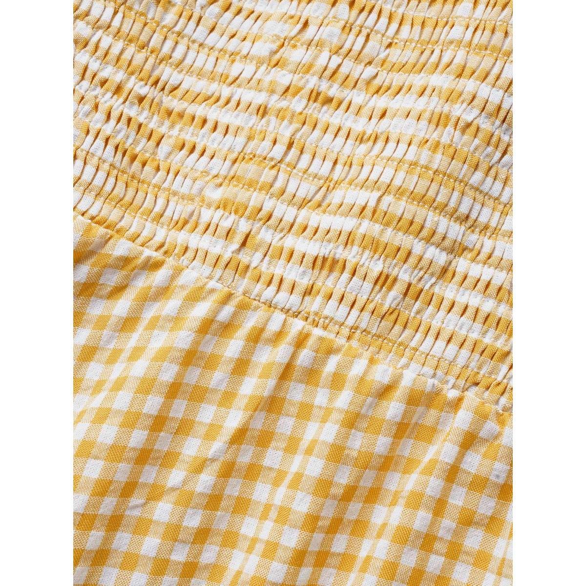 Plus Size Turmeric Heart Neckline Gingham Shirred Lantern Sleeve Blouse Women Casual Elbow-length sleeve Heart neckline Everyday Blouses BloomChic 10/M Product Image
