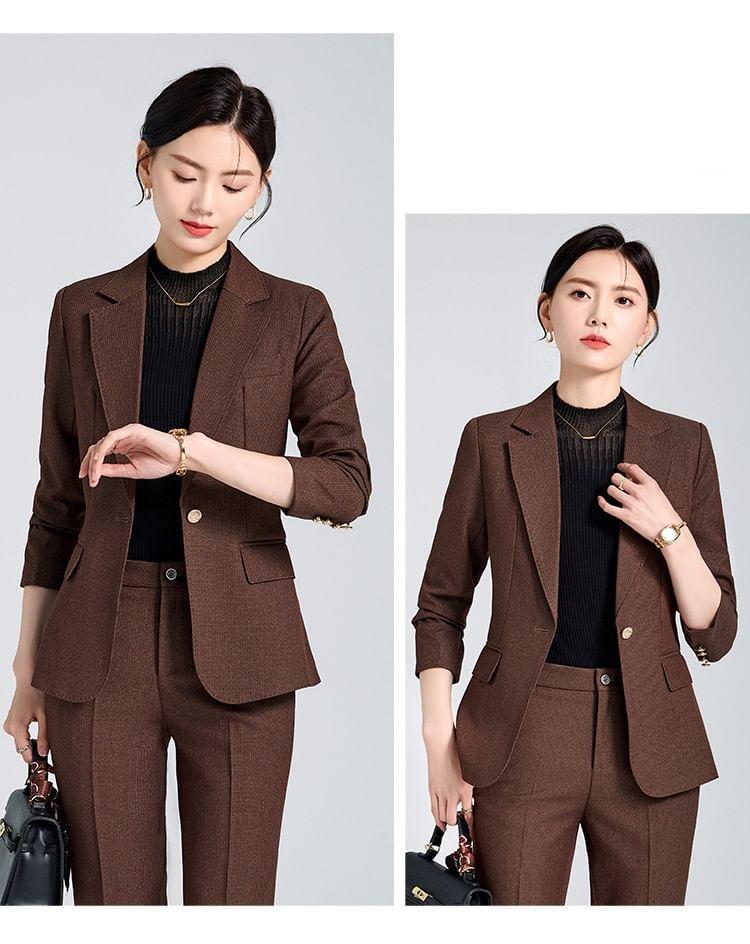 Set: Lapel Collar Plain Single Breasted Blazer + Mid Waist Plain Slacks Product Image