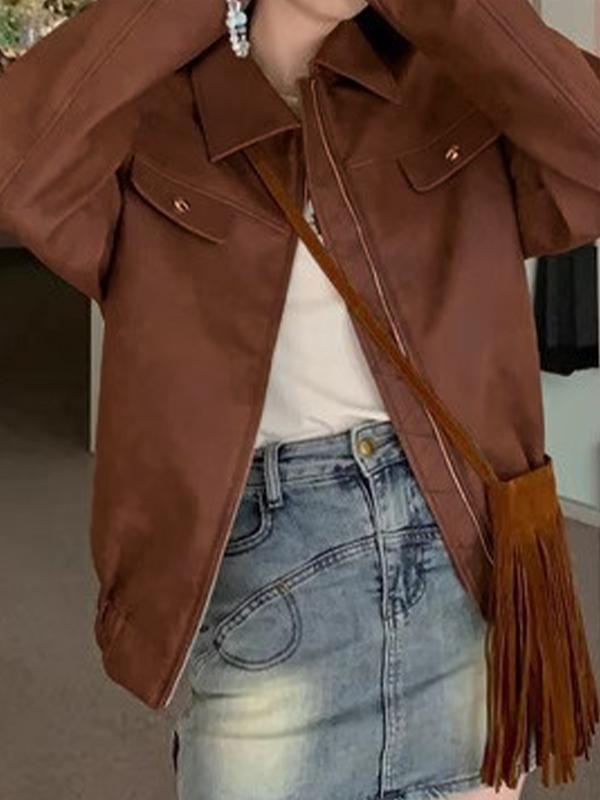 Vintage Brown Zip Up Elastic Hem Leather Jacket Product Image