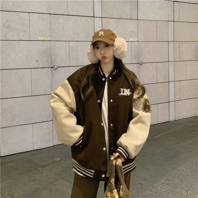 Numbering Lettering Print Button Baseball Jacket Product Image