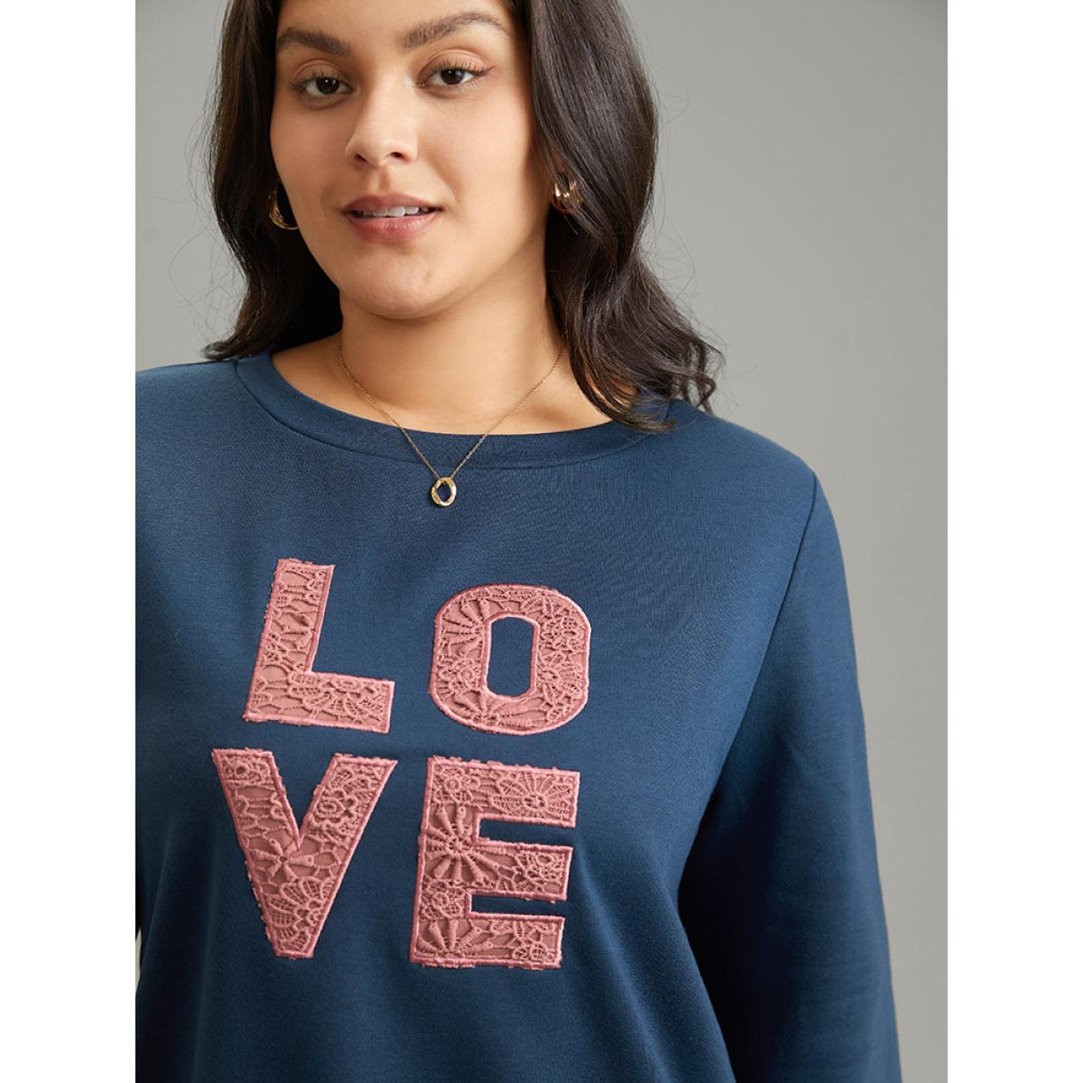 Plus Size Love Embroidered Patch Crew Neck Sweatshirt Women Indigo Casual Plain Dailywear Sweatshirts BloomChic 14-16/1X Product Image
