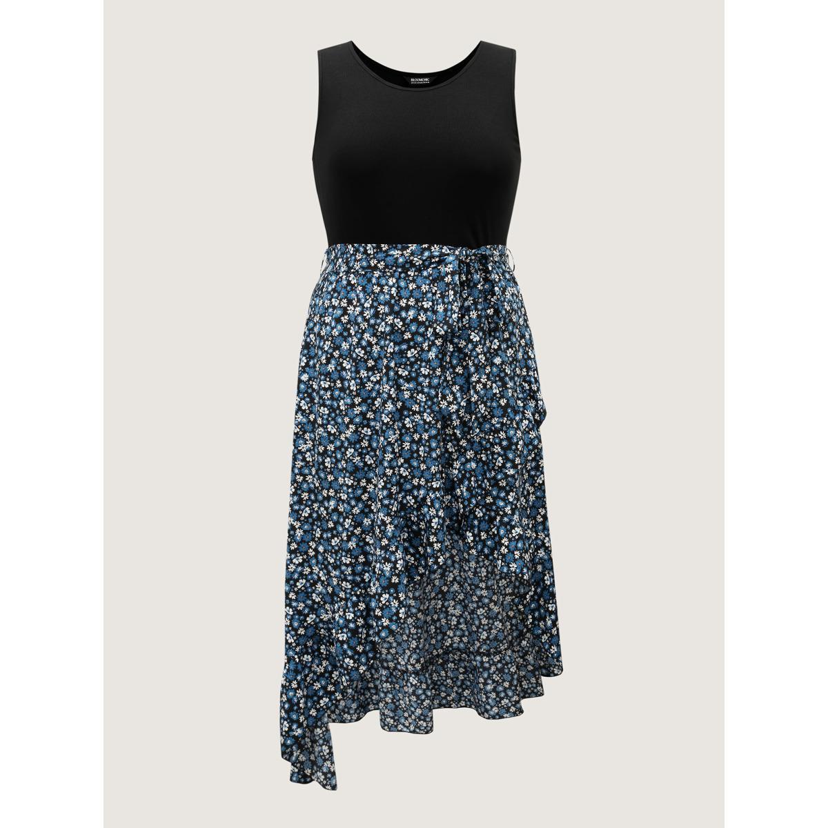 Plus Size Floral Asymmetrical Hem Bow-Tie Midi Dress BlackFlower Women Texture Round Neck Sleeveless Curvy BloomChic 14-16/1X Product Image