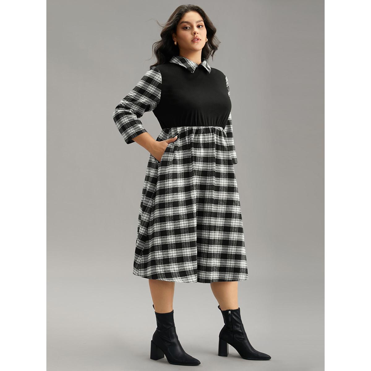 Plus Size Plaid Patchwork Elastic Waist Lapel Collar Dress Black Women Casual Printed Lapel Collar Elbow-length sleeve Curvy Midi Dress BloomChic 28/5X Product Image